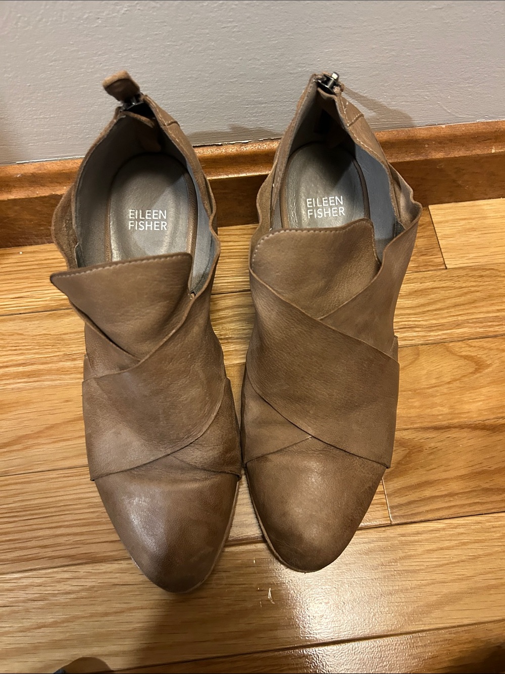 Eileen Fisher Taupe Leather Wrap Ankle Booties